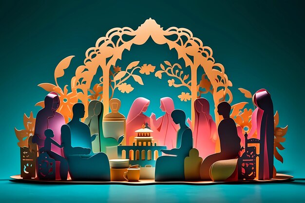 Una famiglia riunita nell'illustrazione di arte digitale in stile arte cartacea del Ramadan AI generativa
