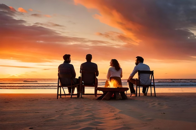 una famiglia si siede attorno a un fuoco di campo sulla spiaggia al tramonto.