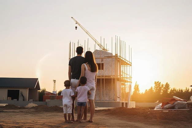 Una famiglia si trova davanti a un cantiere con una gru sullo sfondo.