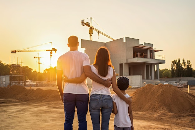 Una famiglia si trova davanti a una nuova casa con un cantiere sullo sfondo.