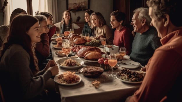 Una famiglia siede a tavola con un tacchino e altro cibo.