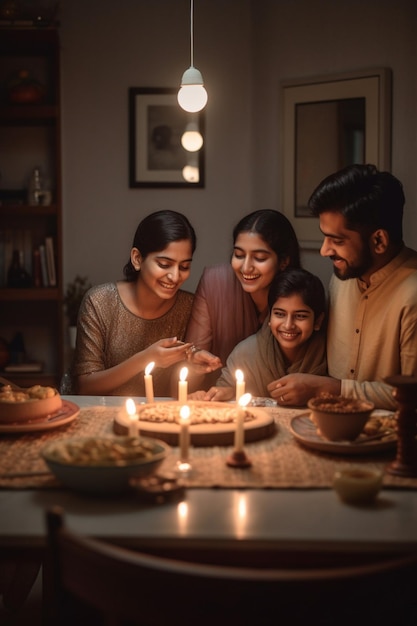 Una famiglia siede a un tavolo con sopra una torta e delle candele accese.