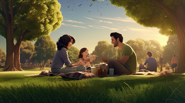 una famiglia siede in un parco e mangia uno spuntino.
