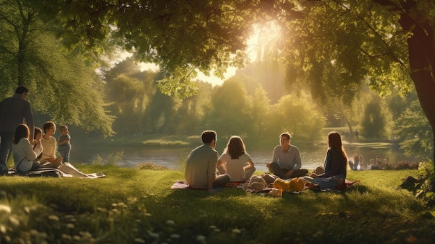 Una famiglia siede sotto un albero in un parco.