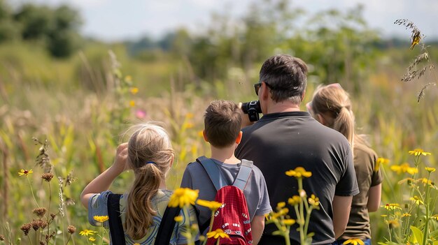 Una famiglia sta esplorando la natura insieme stanno guardando i fiori e le piante nel campo la famiglia è felice e si diverte a passare il tempo insieme