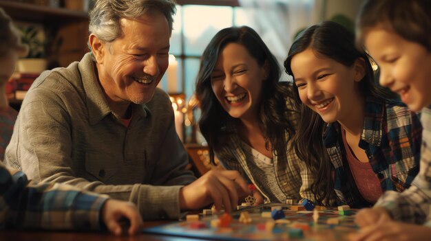 Una famiglia sta giocando a un gioco da tavolo insieme stanno tutti sorridendo e ridendo e divertendosi