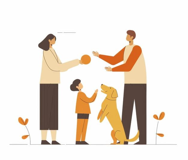una famiglia sta giocando con un cane e un uomo con un cane