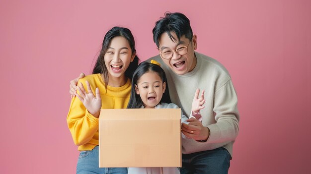 una famiglia sta guardando una scatola che dice "felice"