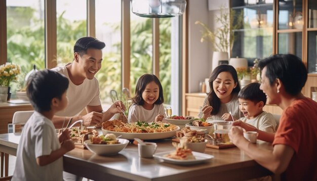 Una famiglia sta mangiando a un tavolo con una grande finestra dietro di loro.