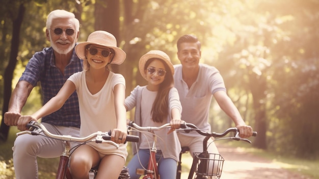 Una famiglia va in bicicletta in un parco