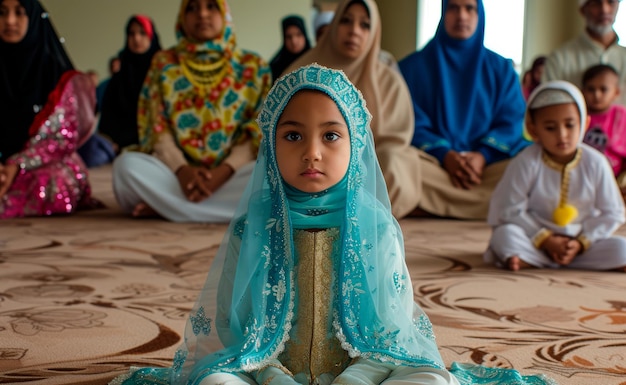 una famiglia vestita con i loro abiti più belli che si riunisce per la preghiera mattutina di Eid al-Fitr