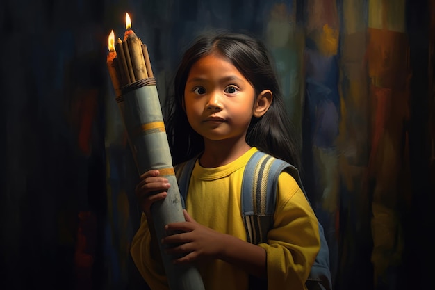 Una fanciulla tiene in mano una fiaccola accesa che forse rappresenta un simbolo di speranza o una luce guida