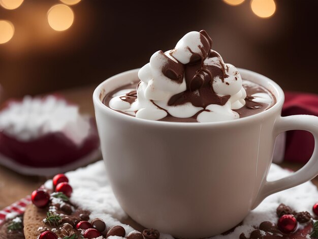 Una fantastica foto di cioccolata calda gourmet in una bellissima tazza di cioccolata calda natalizia a Natale