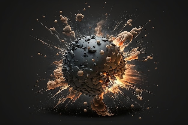 Una fantastica immagine bombarda durante un'esplosione fuoco fumo su uno sfondo scuro AI generativa