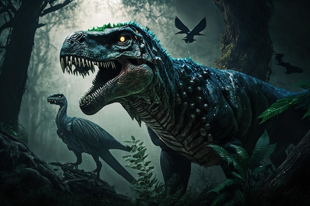 Una fantastica miscela di un rapace e un dinosauro trex in una foresta oscura Generative Ai