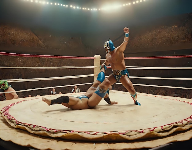 Una fantastica rappresentazione di una partita di lucha libre che si svolge su una tortilla gigante
