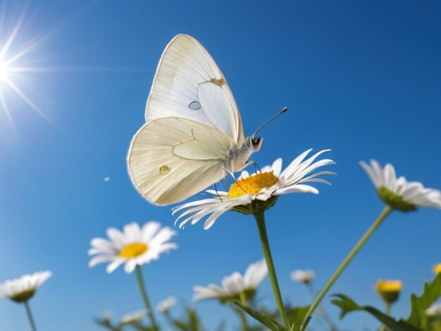 Una farfalla bianca appollaiata su una singola margherita bianca contro un cielo blu limpido