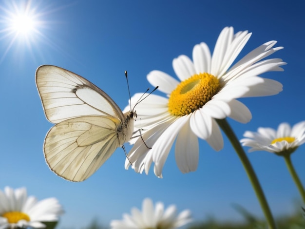 Una farfalla bianca appollaiata su una singola margherita bianca contro un cielo blu limpido