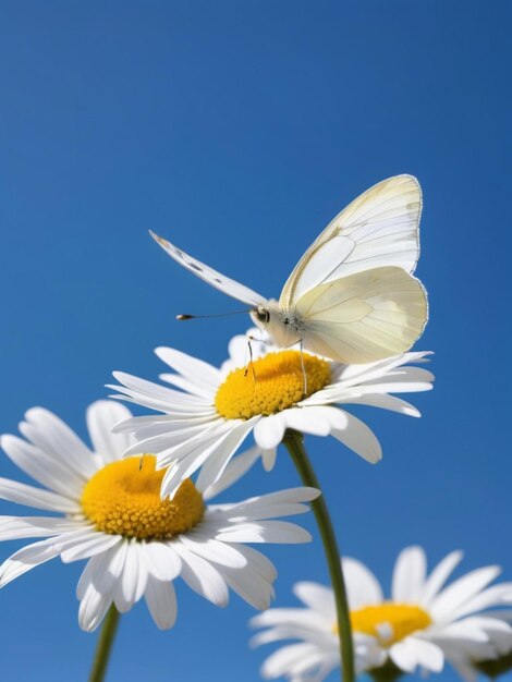 Una farfalla bianca appollaiata su una singola margherita bianca contro un cielo blu limpido