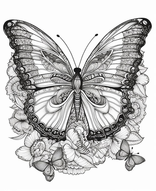una farfalla bianca e nera con fiori e farfalle generative ai