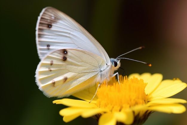 Una farfalla bianca si siede su un fiore giallo.