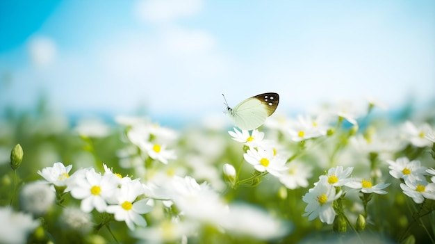 Una farfalla bianca si siede su un fiore in un campo di fiori bianchi.