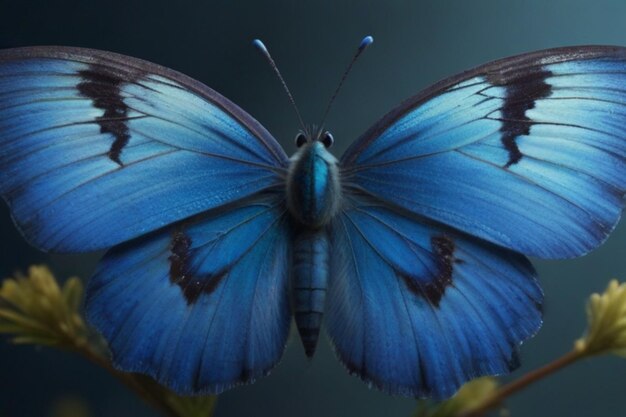 una farfalla blu con uno sfondo nero con una farfella blu su di essa