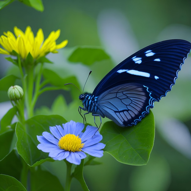 Una farfalla blu è su un fiore e la parola farfalla è sul lato destro.