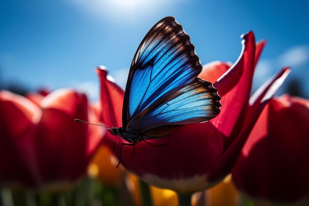 Una farfalla blu poggia su un tulipano davanti a un cielo blu brillante.