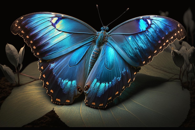 Una farfalla blu si posa su una foglia con sopra la scritta "farfalla blu".