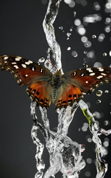 una farfalla che vola con l'acqua e lo sfondo nero