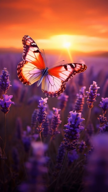 Una farfalla che vola su un campo di fiori viola