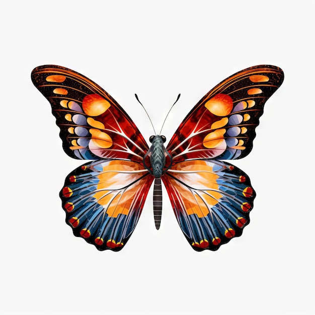 Una farfalla colorata con ali arancioni e blu