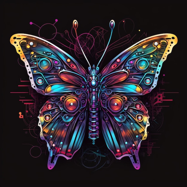 Una farfalla colorata con uno sfondo nero e la parola farfalla su di essa.