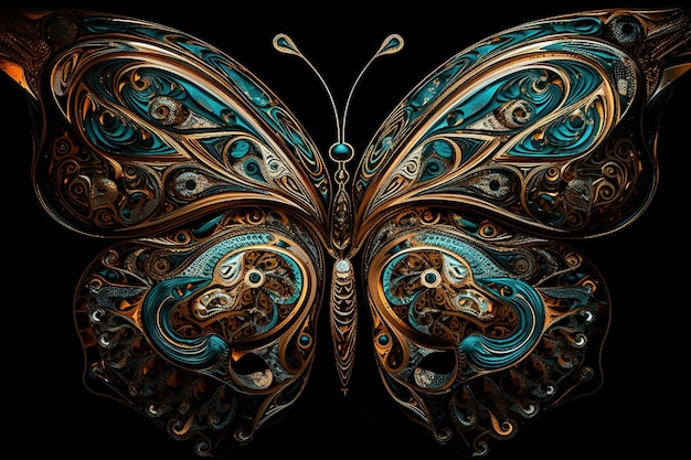 una farfalla con ali blu e dorate su uno sfondo nero