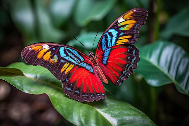 Una farfalla con ali colorate seduta su una foglia Ai generativa