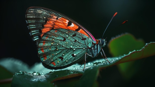 Una farfalla con il dorso rosso e arancione si posa su una foglia verde.