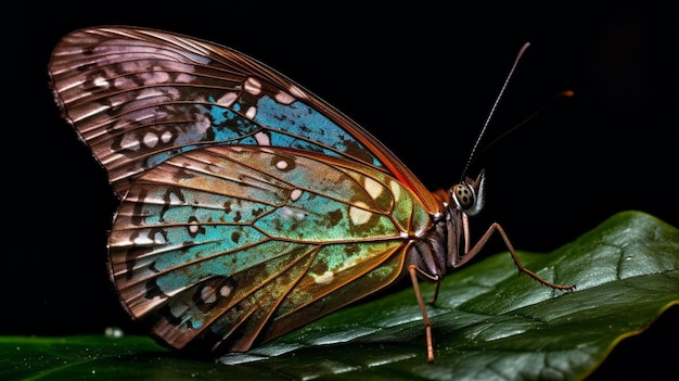 Una farfalla con le ali blu si siede su una foglia.