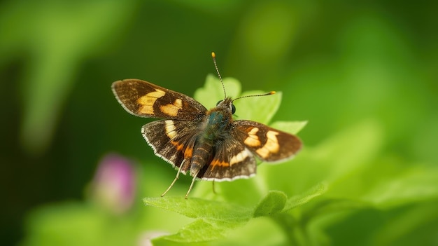 Una farfalla con segni arancioni e neri e segni gialli si trova su una foglia verde.