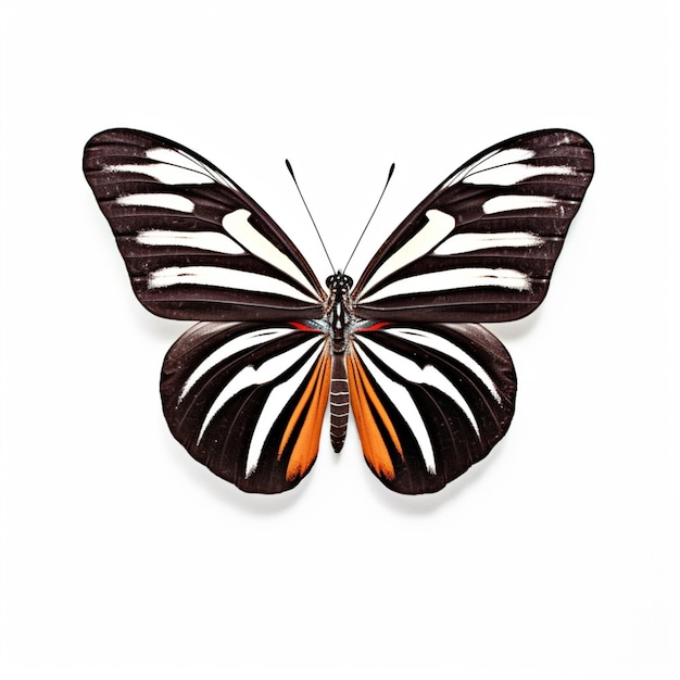 Una farfalla con strisce arancioni e nere sulle ali è su uno sfondo bianco.