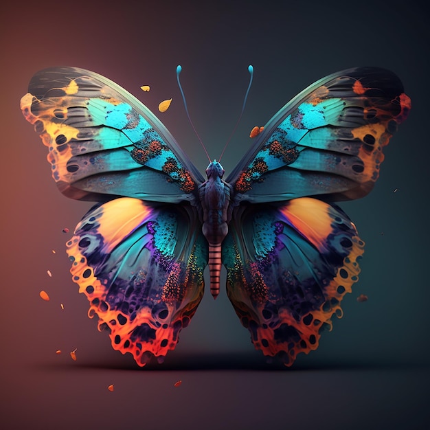 Una farfalla con un motivo colorato si trova davanti a uno sfondo scuro.