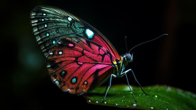 Una farfalla con una foglia verde nel buio