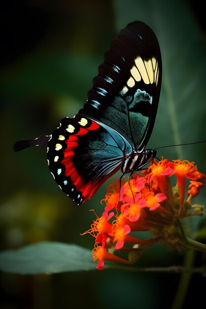 Una farfalla con una macchia rossa sul dorso è su un fiore.