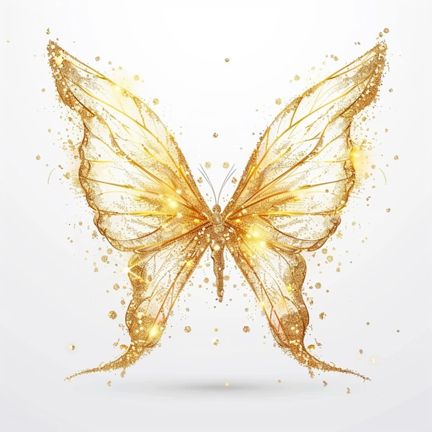una farfalla dorata con ali scintillanti su uno sfondo bianco