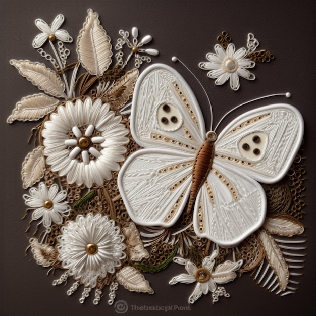 Una farfalla è fatta di carta con sopra una farfalla bianca.