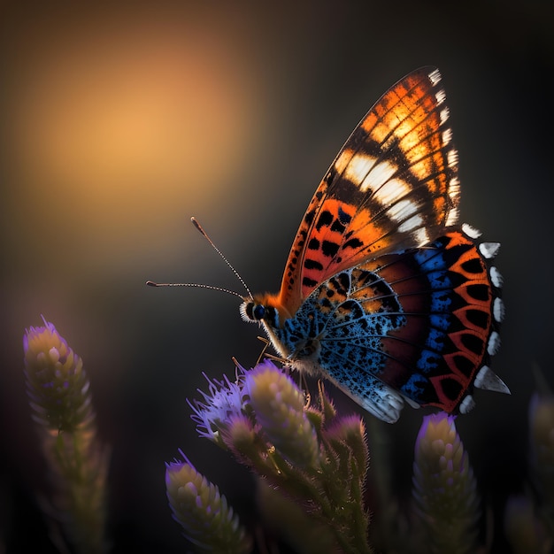 Una farfalla è seduta su un fiore con uno sfondo sfocato
