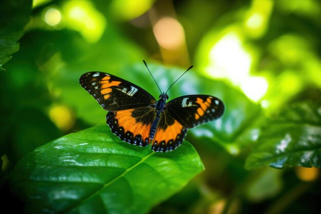 Una farfalla è seduta su una foglia verde