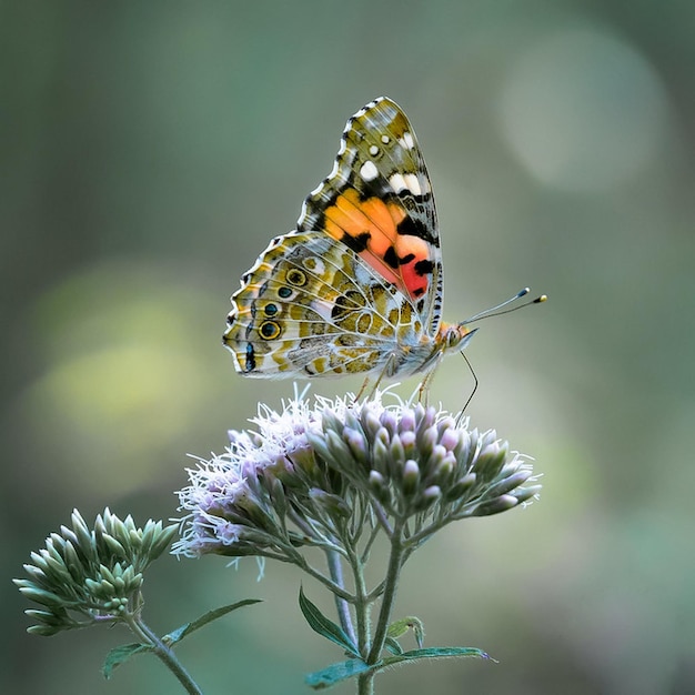 una farfalla è su un fiore con lo sfondo sfocato