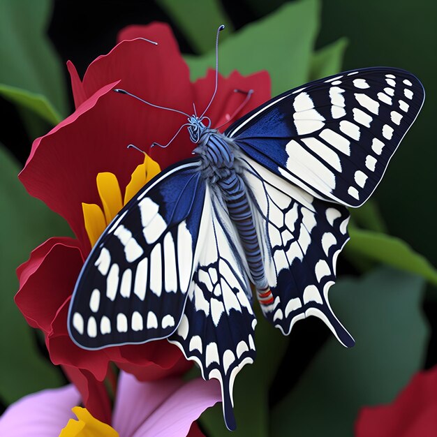 una farfalla è su un fiore con un fiore rosso sullo sfondo