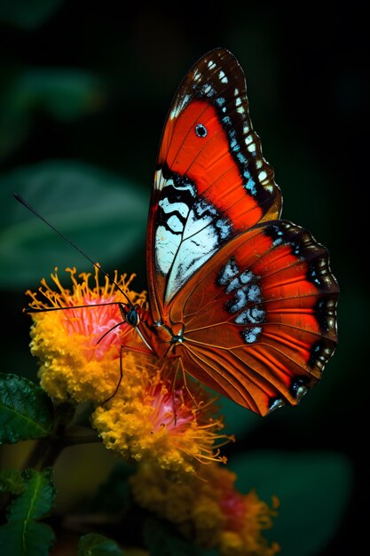 Una farfalla è su un fiore con uno sfondo nero.